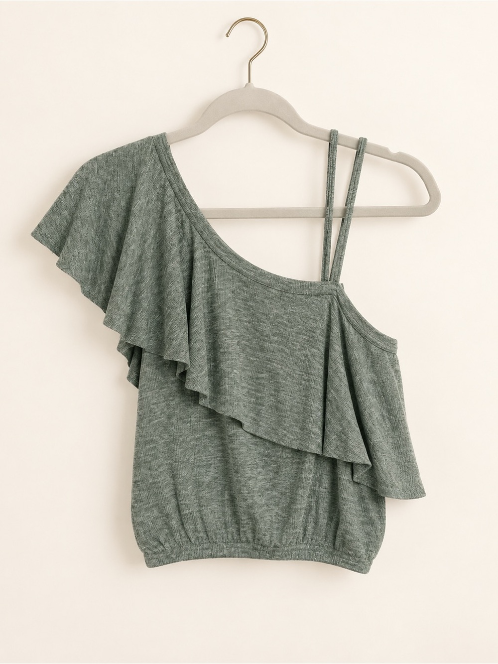 Ginger G Asymmetrical Ruffle One-Shoulder Camisole - Sage Green
